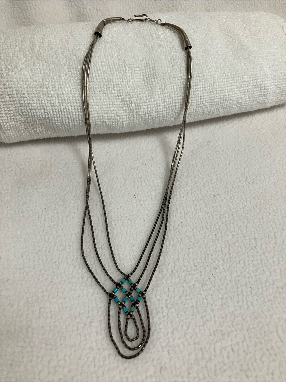 Vintage Sterling Silver Liquid Silver Turquoise Cage Drape Necklace Navajo/Diné?